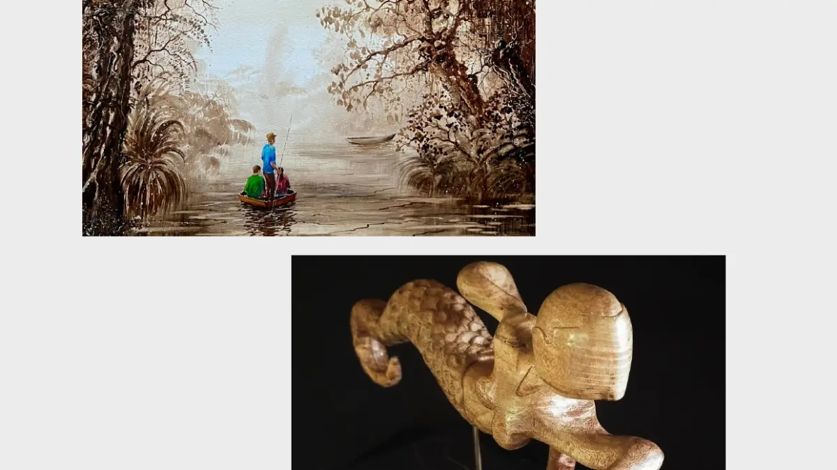 Exposition de peintures au marc de café et de sculptures sur bois par Sabino Puma et Ermite du Bois à Niort